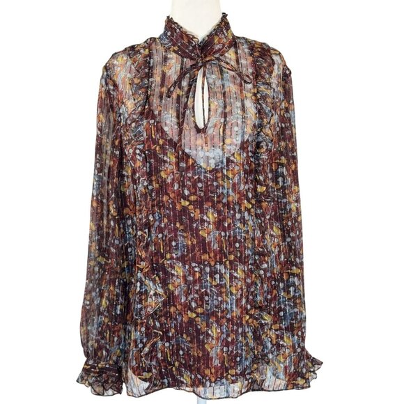 Lafayette 148 New York Sz L Womens Floral Summer Set Sheer Blouse Satin Camisole - Picture 2 of 12